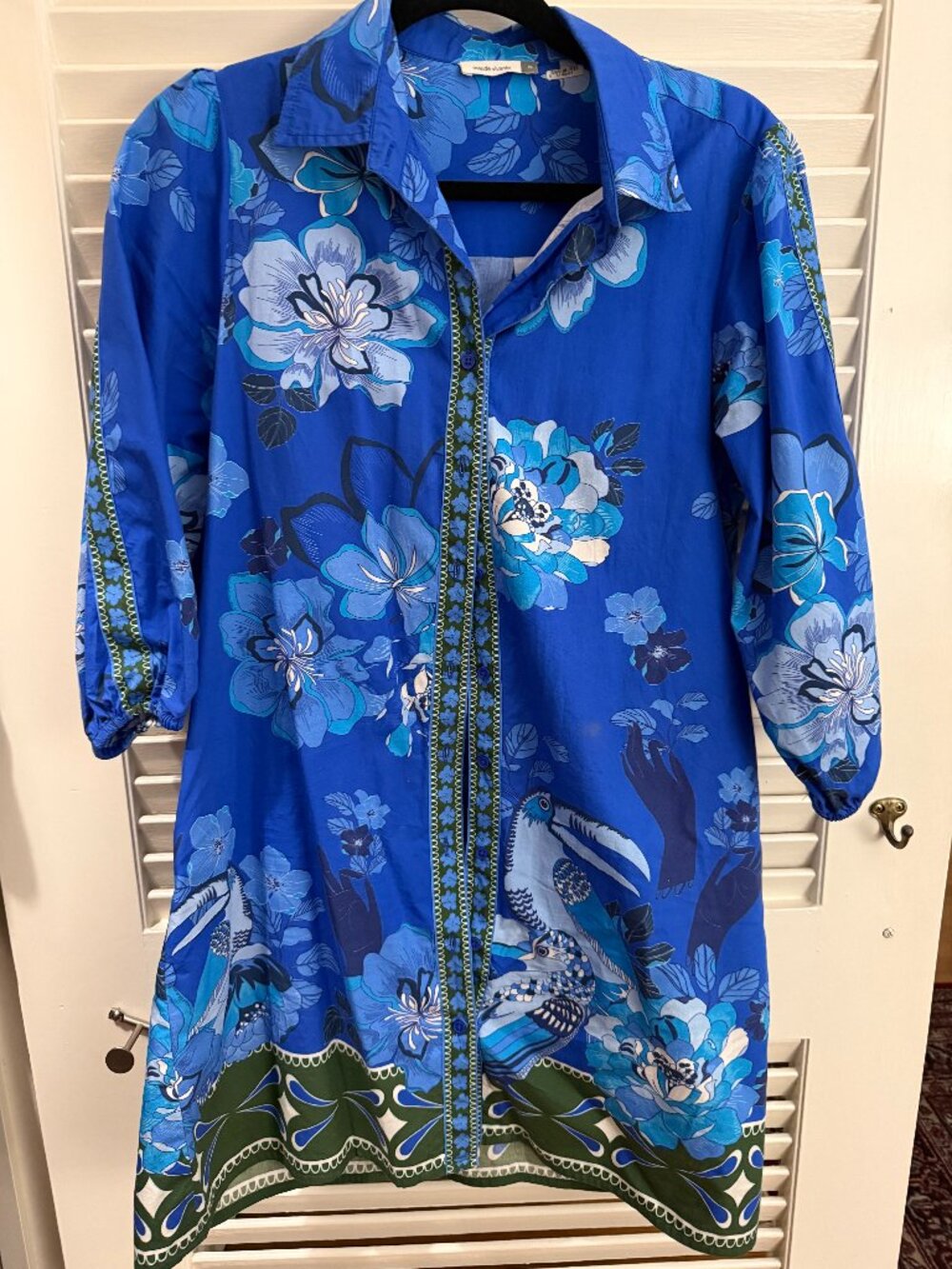 Maude Vivante Blue Floral and Toucan Print Shirt Dress